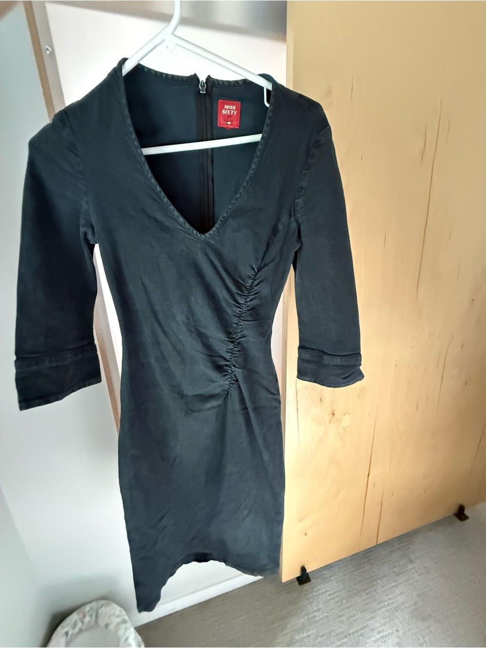 Miss Sixty Navy V-Neck Ruched Midi Dress